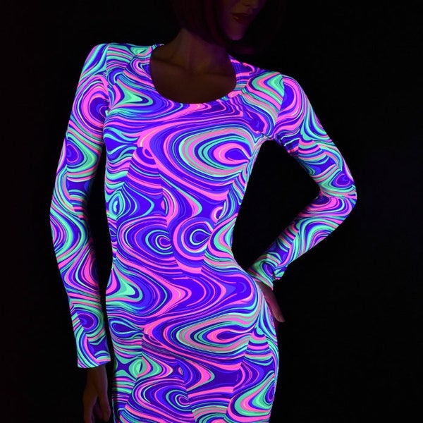 NEON UV Glow Worm Print Long Sleeve Bodycon Dress   -E8041