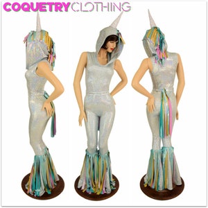 Frostbite Shattered Glass Holo Sleeveless Bell Bottom Unicorn Horn Catsuit with Self-Lined Hood // Gold, Seafoam, and Lilac Mane - EMK002