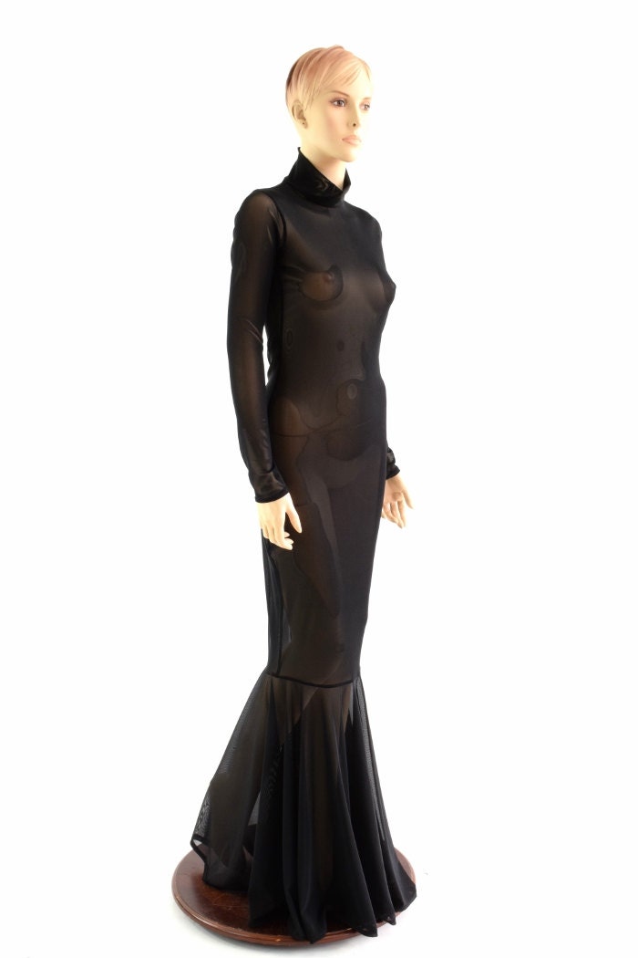 black dress with see through sleeves Velvet Sheer Puff Sleeve Dress