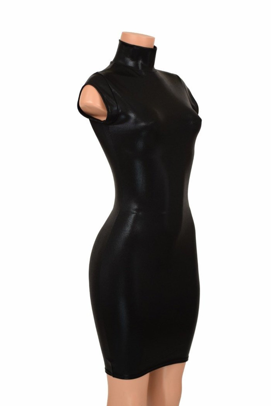 Black Mystique Metallic Bodycon Dress With Mini Cap Sleeves and Turtle ...
