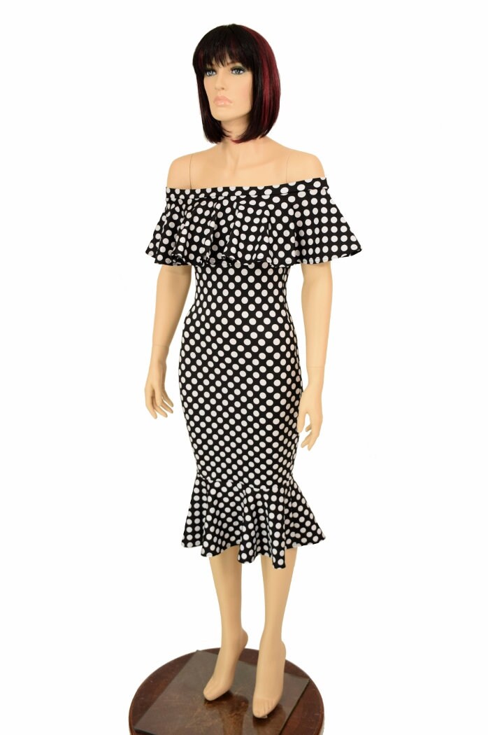 Black and White Polka Dot off Shoulder Wiggle Dress With Ruffle - - Etsy