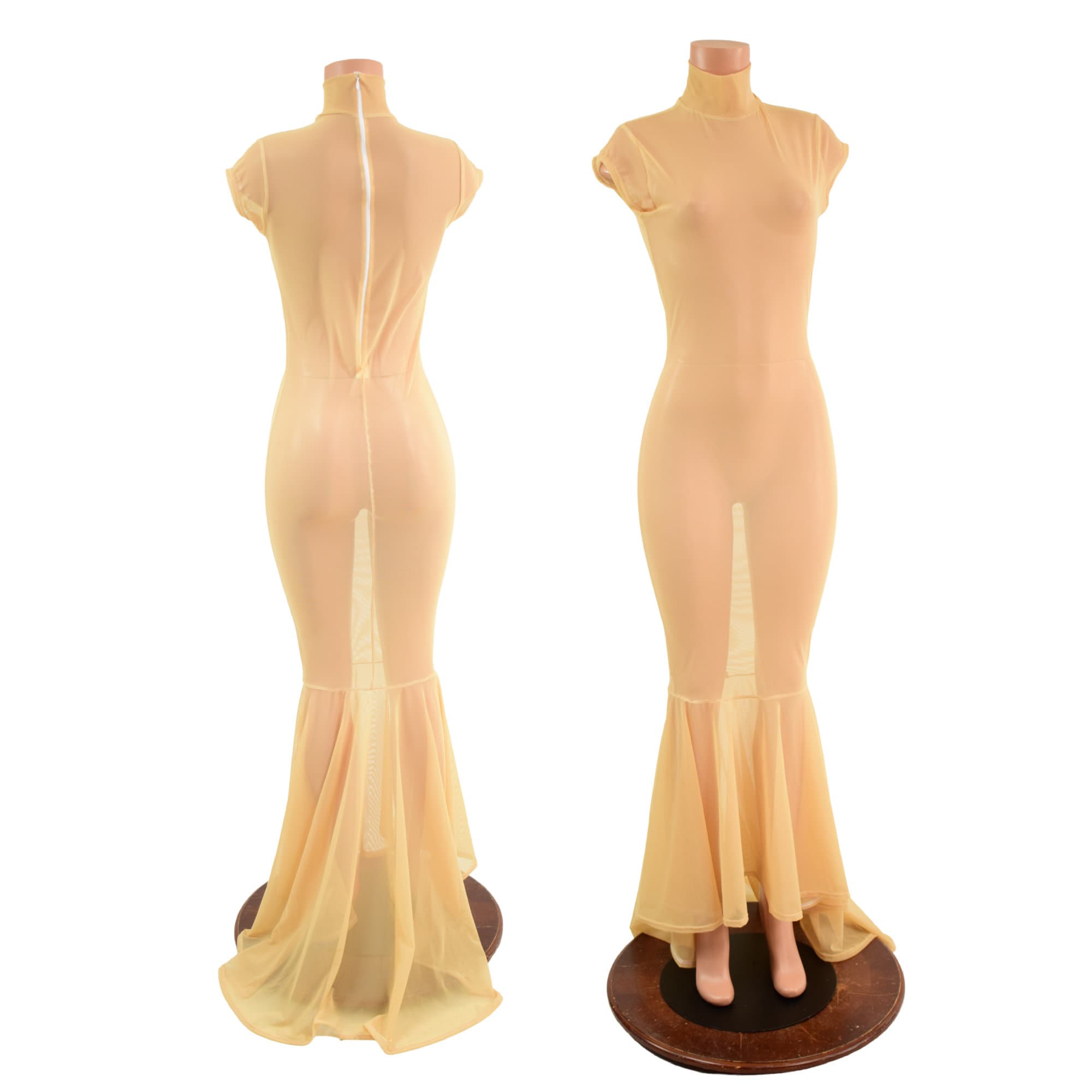 Nude Mesh Gown With Cap Sleeves, Turtleneck, Back Zipper, and Puddle Train  - Etsy