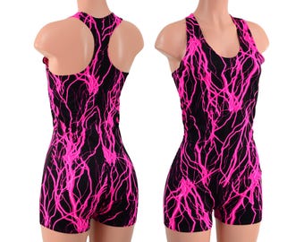 Womens Racerback Singlet in Neon Pink Lightning with 2" inseam and narrower racerback