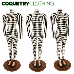 Black and White Diamond Print High Turtle Neck Back Zipper Catsuit with Black and White Stripe Puffed &quot;Victoria&quot; Sleeves - 156239