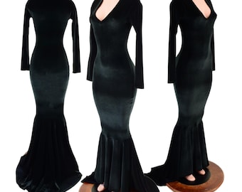 Black Velvet Morticia V-Neck Gown with Long Sleeves and Puddle Train