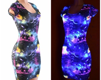 UV Glow Galaxy Print Bodycon Dress with Cap Sleeves & Scoop Neckline  -E7934