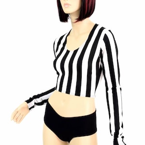 Long Sleeve Referee Black & White Stripe Print Long Sleeve Crop Top Jail Bird Inmate 151211 image 2