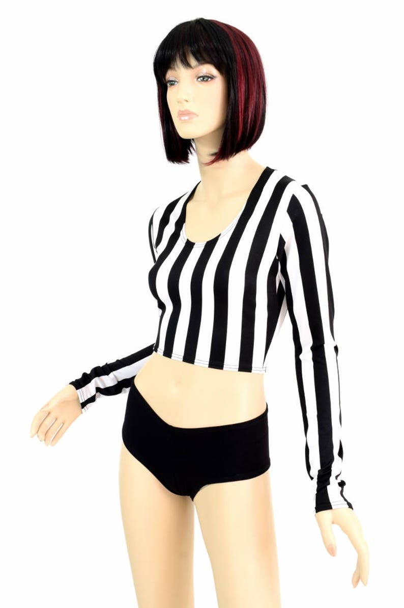 Long Sleeve Referee Black & White Stripe Print Long Sleeve Crop Top Jail Bird Inmate 151211 image 2