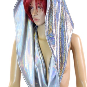 HUGE Extra Long Dark Silver & Flash Bulb White Holographic Cowl Hoodie Festival Rave Clubwear Hood Reversible Hood   -150809