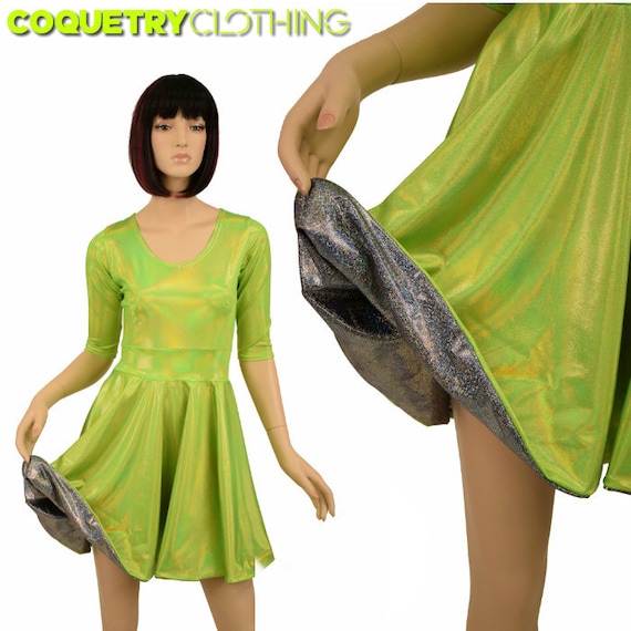 Flip-N-Flare Lime Holographic Half Sleeve Scoop Neck Skater Dress with Silver Holographic underside - Flip-N-Flare Lime Holographic Half Sleeve Scoop Neck Skater Dress with Silver Holographic underside -
