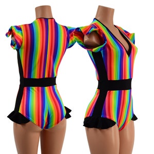 Rainbow Stripe Siren cut Romper, V Neck,  side panels, waist panel, & hip ruffles in Smooth Black Spandex, Self Lined Flip Sleeves- 15810121