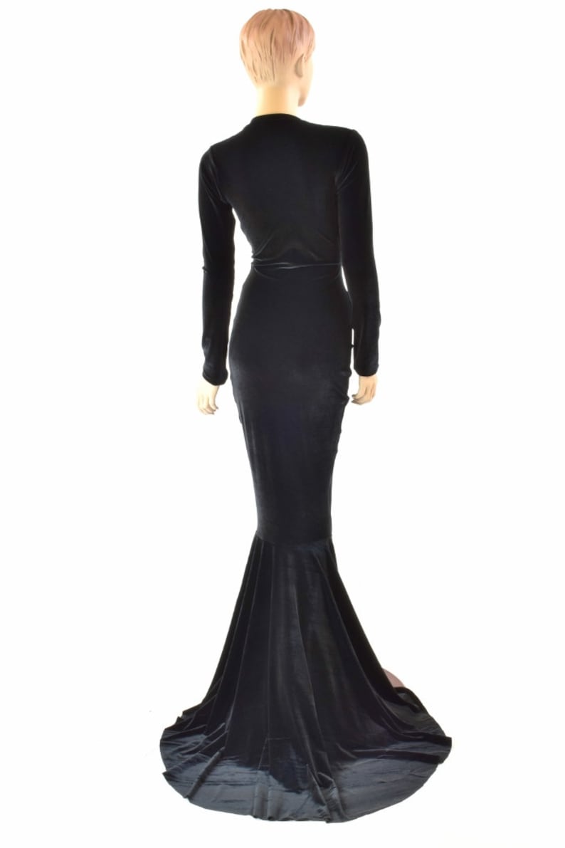 Black Velvet Morticia V-Neck Gown with Long Sleeves and Puddle Train 151555 image 2