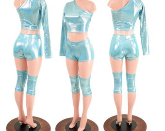 4PC Seafoam Spandex Wrestling Shorts, Crop Top with One Long SLeeve, and Knee Pad Covers Set