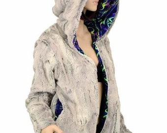 Minky Faux Fur Reverisble Short Jacket with Neon Flux Liner