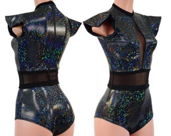 Black Kaleidoscope siren romper w/ Inset keyhole & mesh waist panel/ Flip sleeves, back zipper, All Trim/sleeve liners in Black Mesh