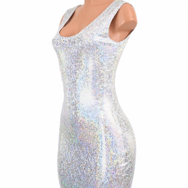 Silver on White Shattered Glass Sparkling Holographic Bodycon Tank Dress -E7802