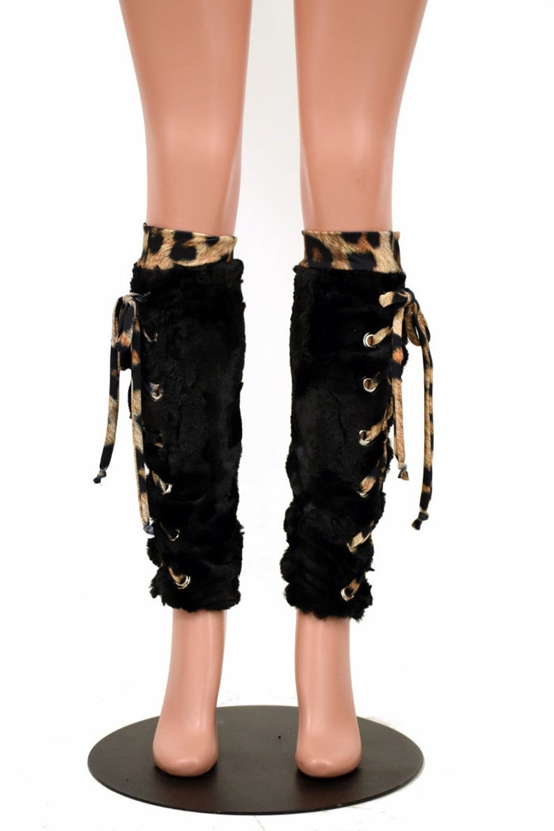 Black Minky Faux Fur Lace up Leg Warmers // Leopard Print Etsy