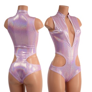 Lilac Holographic Sleeveless Zipper Front Stella Hipnotic Romper with Siren Cut Leg- 158001