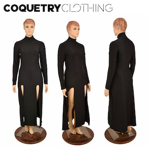 Black Zen Gown with Turtleneck Neckline, Long Sleeves and Double Front Thigh Slits- 156743