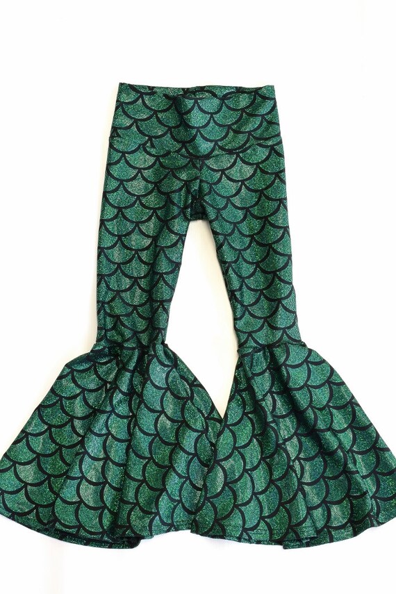 Kids Green Dragon Scale Bell Bottom Flared Mermaid Pants Sizes 2T
