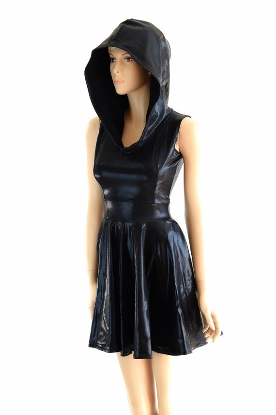 hooded skater dress Sleeveless Black Mystique Hoodie Skater Dress with Soft Knit Black Zen Hood Lining