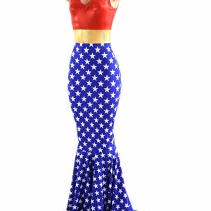 Sleeveless Super Hero Puddle Train Gown with V Neckline Red, Gold Blue & White Stars 152858 image 2