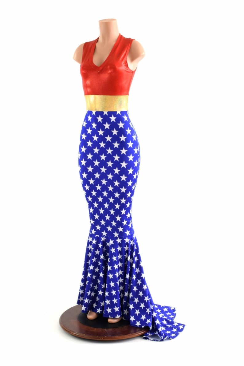 Sleeveless Super Hero Puddle Train Gown with V Neckline Red, Gold Blue & White Stars 152858 image 2