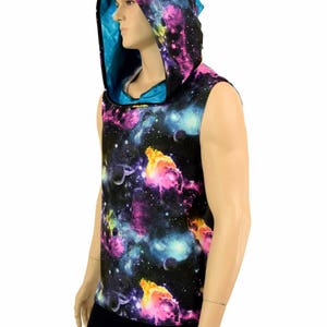 Mens Sleeveless UV Glow Galaxy Print Peacock Blue Spiked Dragon Hoodie Rave Festival Clubwear EDM Party Animal -151212