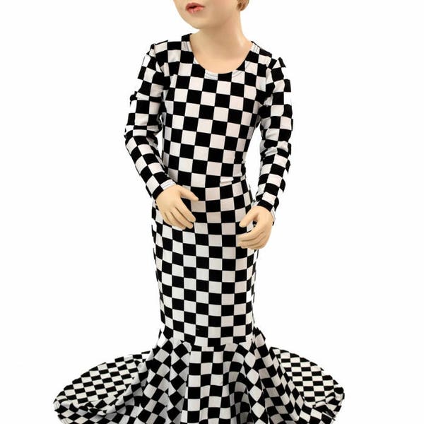 Girls Black & White Checkered Print Puddle Train Dress Gown Halloween Costume Pageant Gown Sizes 2T 3T 4T and 5-12   155038