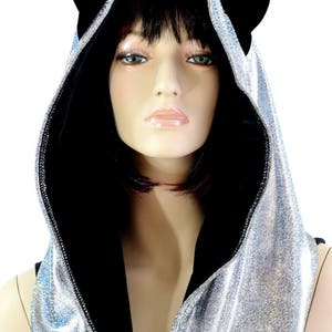 Reversible Silver Holographic Festival Hood with Black Velvet Hood Lining and Cat Ears Infinity Rave Hood 154418 image 2