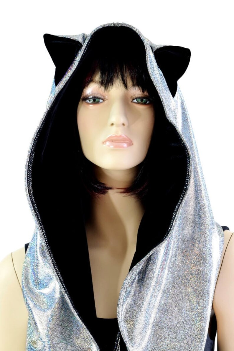 Reversible Silver Holographic Festival Hood with Black Velvet Hood Lining and Cat Ears Infinity Rave Hood 154418 image 2