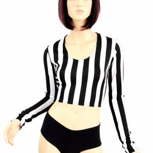 Long Sleeve Referee Black & White Stripe Print Long Sleeve Crop Top Jail Bird Inmate 151211 image 1