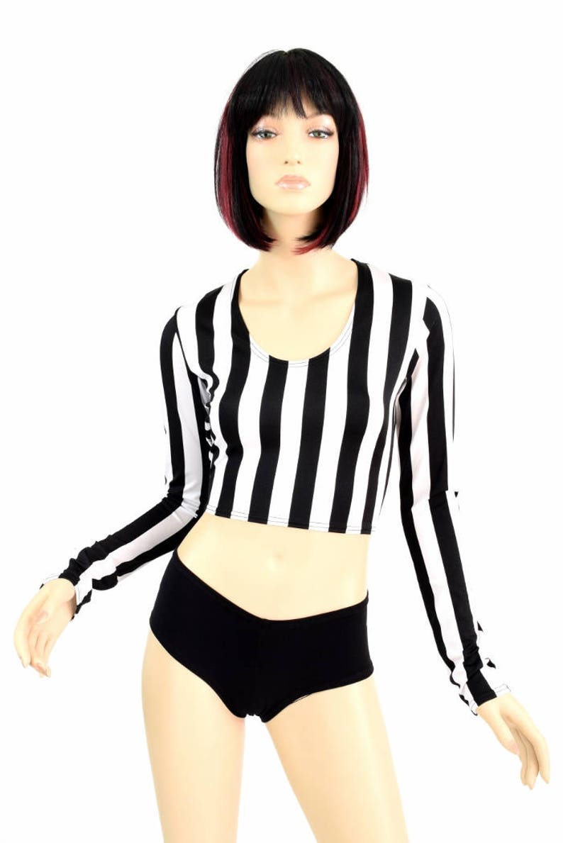 Long Sleeve Referee Black & White Stripe Print Long Sleeve Crop Top Jail Bird Inmate 151211 image 1