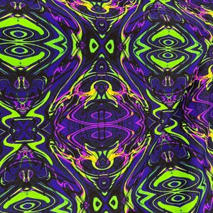 May include: Abstract psychedelic pattern with swirling lines and shapes in shades of green, purple, yellow, and black.