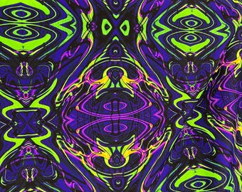 May include: Abstract psychedelic pattern with swirling lines and shapes in shades of green, purple, yellow, and black.