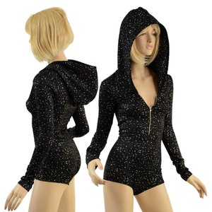 Sparkling Star Noir Hooded Romper with Silver Front Zipper, Long Sleeves and Boy Cut Leg, Self Lined Hood 5810059