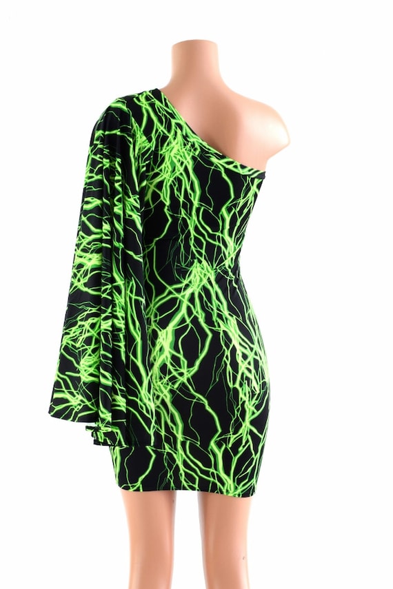 neon green spandex dress Neon Green Lightning One Shoulder Fan Sleeve Bodycon Dress in Stretchy Spandex