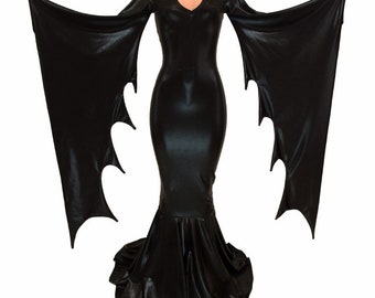 Incubus Sleeve Puddle Train Gown in Black Mystique with V Neckline 156368