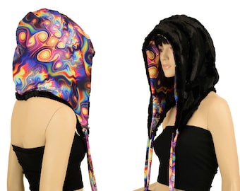 Black Minky Faux Fur Pom Pom Hood with Meteorite liner // Meteorite ties -
