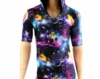 Mens UV Glow Galaxy Tee Length Sleeve Hoodie Romper w/Black Zen Hood Liner - 154558