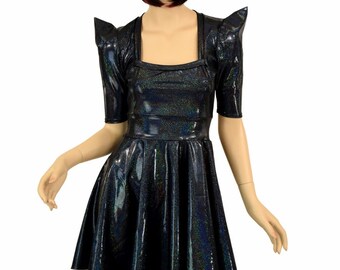 Black Holographic Square Neckline Half Sleeve Sharp Shoulder