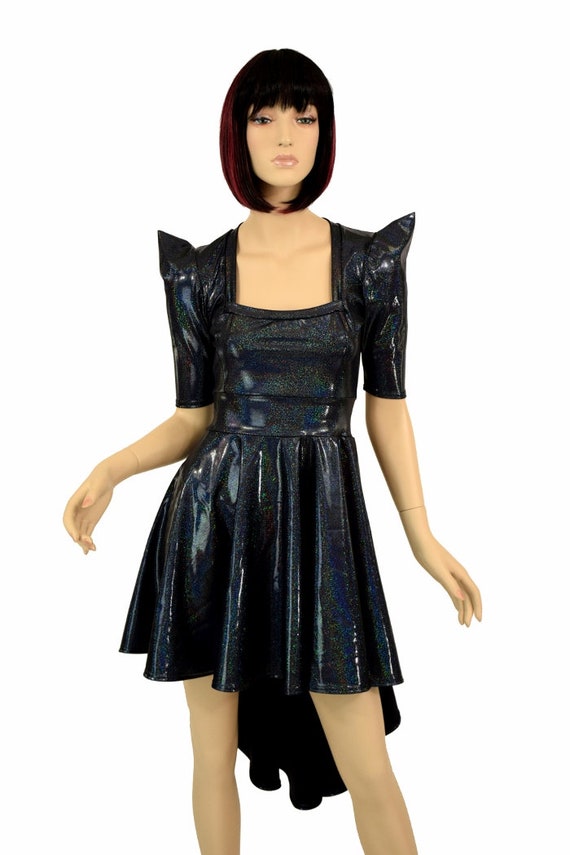 Black Holographic Square Neckline Half Sleeve Sharp Shoulder