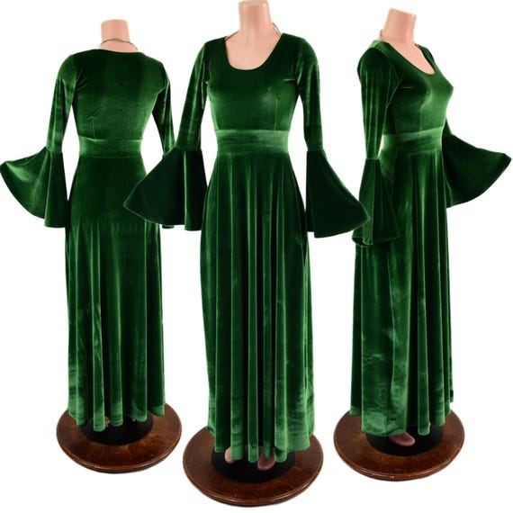 belk green velvet dress Stretch Renaissance Fiona Gown with Trumpet Sleeves and Scoop Neckline Belly dance dress for kids