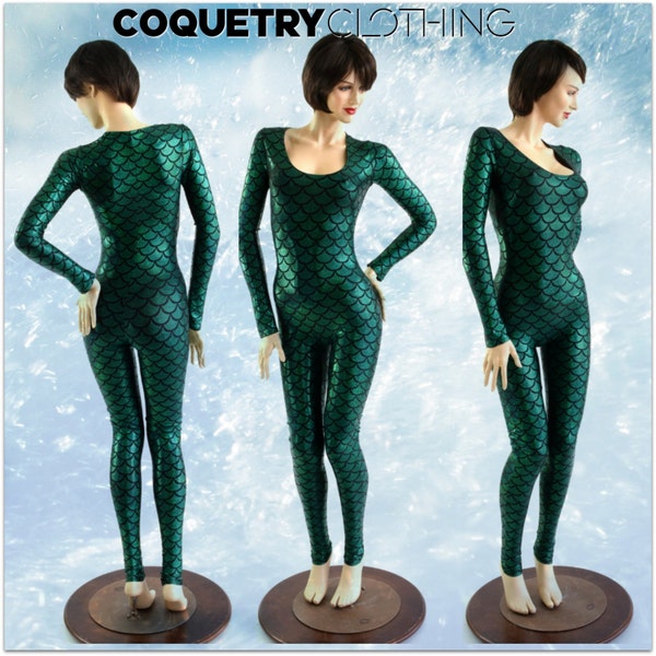 Mera Green Dragon Scale Scoop Neck Long Sleeve Catsuit in Emerald Mera Mermaid Cosplay 153912