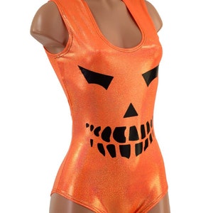 May include: Orange and black sleeveless leotard with a jack-o'-lantern face design.