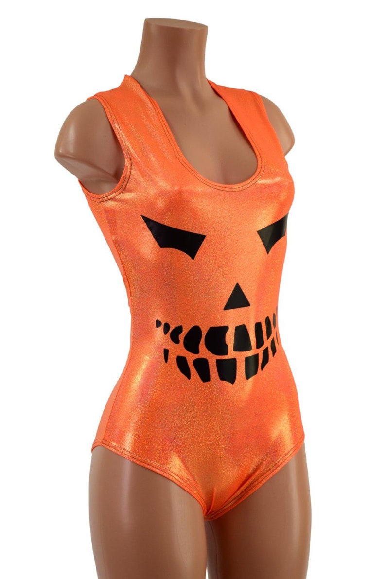 May include: Orange and black sleeveless leotard with a jack-o'-lantern face design.