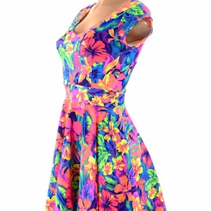 Tahitian Floral Print  Cap Sleeve Skater Dress -151389