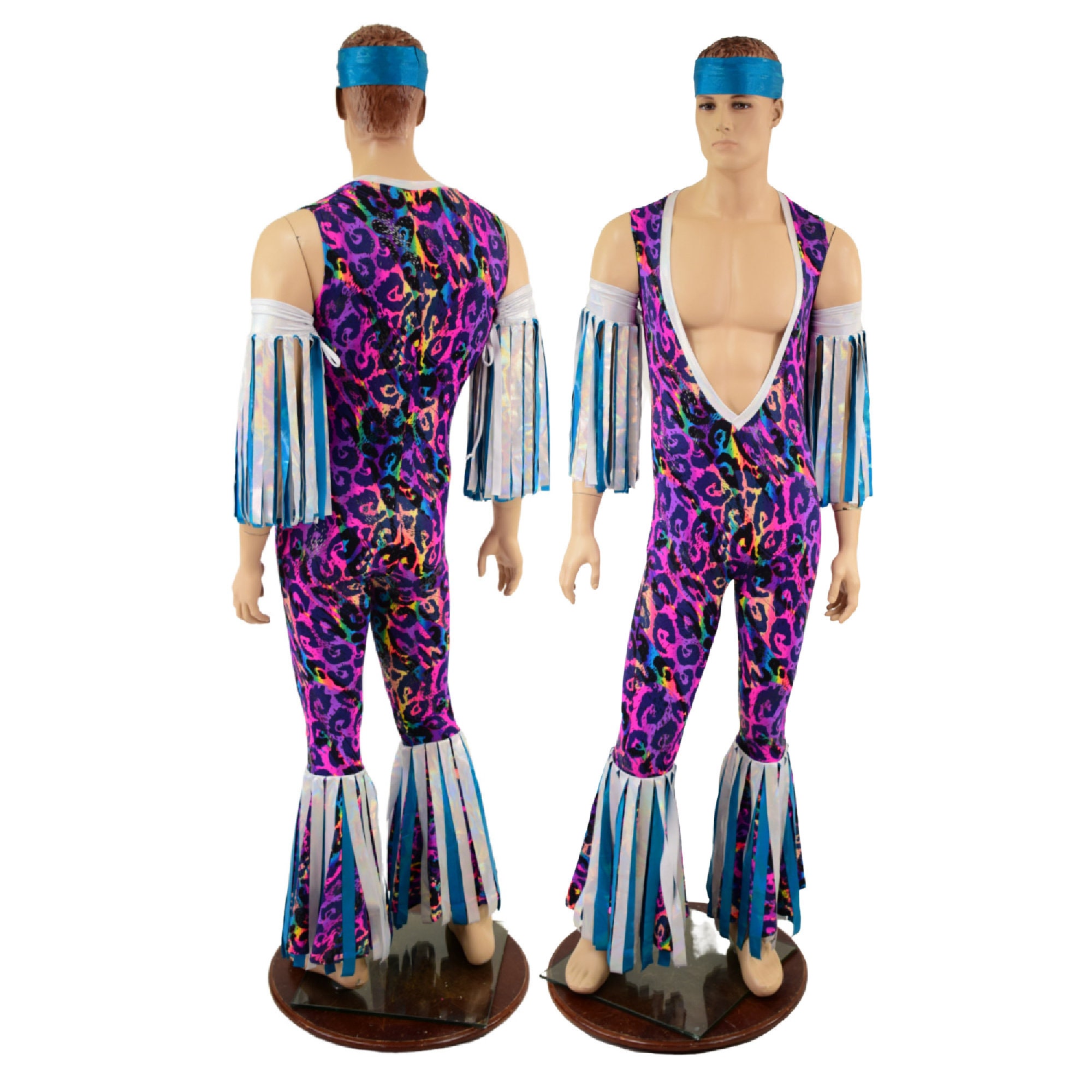 Mens Wrestling Costume in Rainbow Leopard with Plunging V neckline, Gladiator fringe, Armbands and Headband EMK Mens Wrestling Costume in Rainbow Leopard with Plunging V neckline, Gladiator fringe, Armbands and Headband EMK