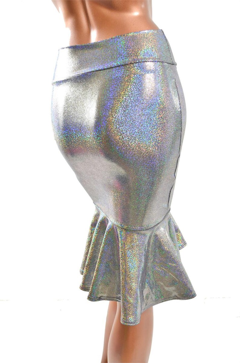 May include: A silver iridescent mermaid skirt with a fitted bodice and a flared, ruffled hem.