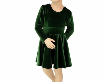 Girls Green Stretch Velvet Long Sleeve Skater Dress